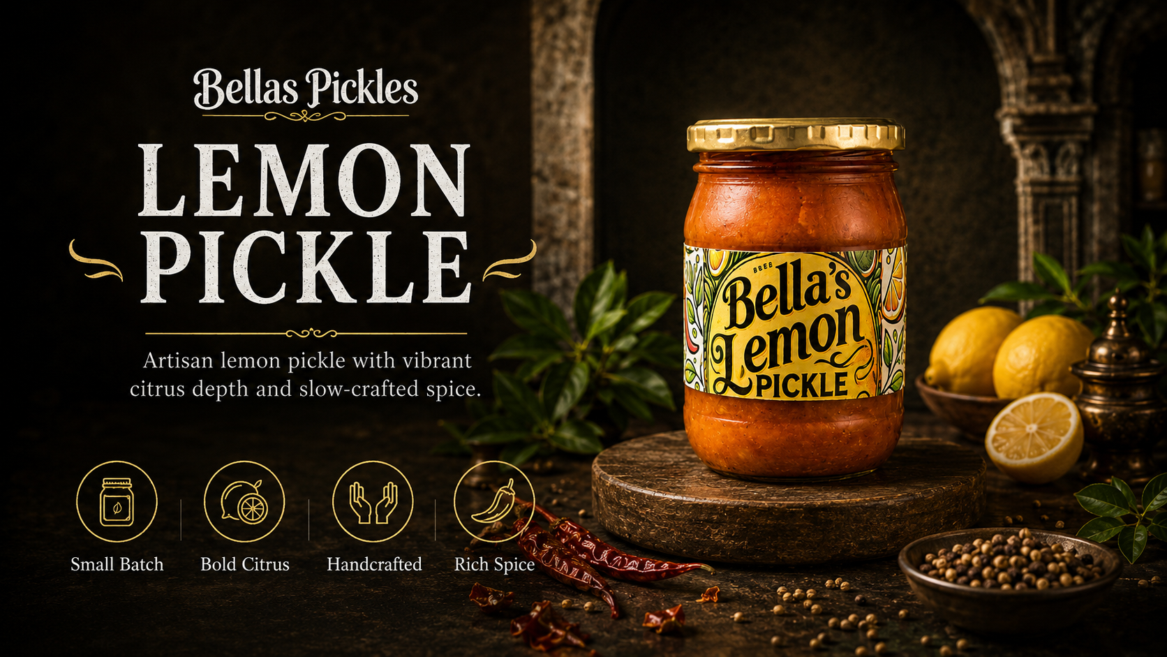 Bella's Lemon Pickle landscape artwork with jar, lemons, and spice icons