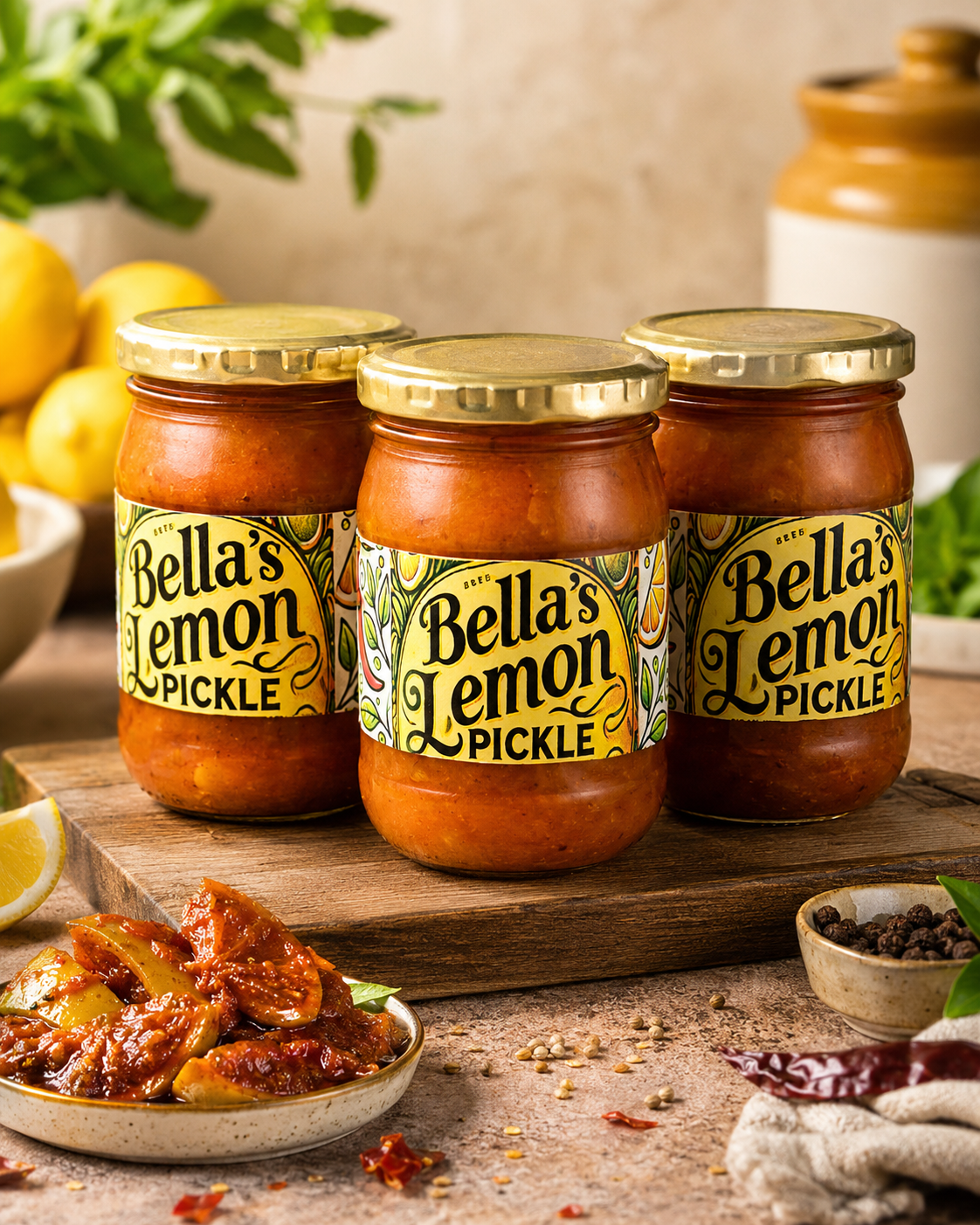 Bella's Lemon Pickle jars on a kitchen counter