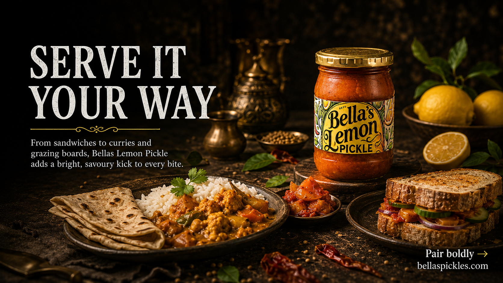 Serve it your way with Bella's Lemon Pickle, curries, sandwiches, and grazing boards